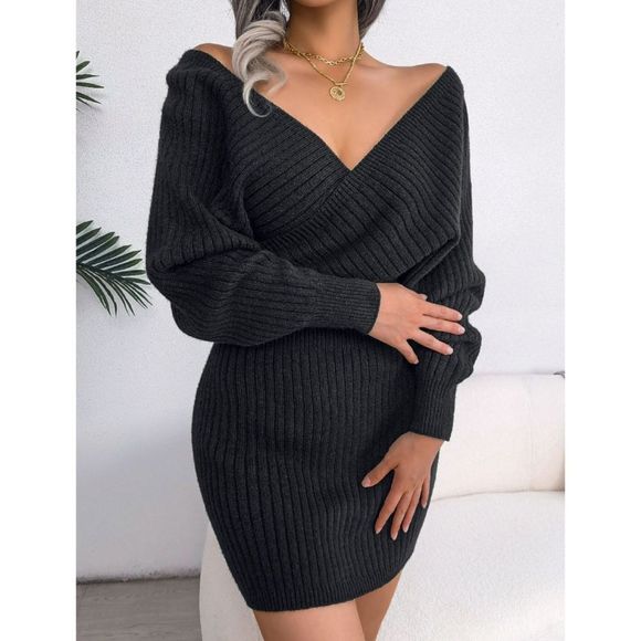 Black Rib-Knit Sweater Dress - Picture 3 of 9